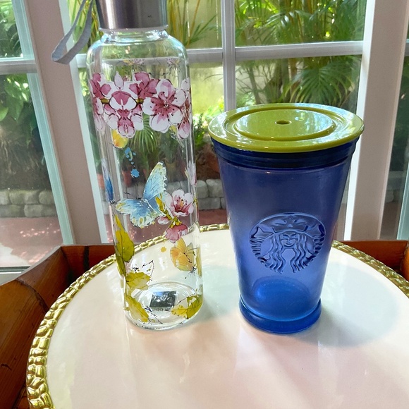 Starbucks Blue Glass Made in Spain & Floral Water Bottle - Picture 1 of 6